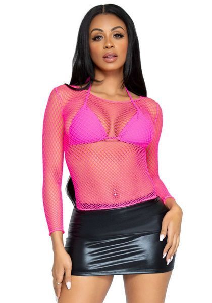 Сетчатый топ Leg Avenue Long Sleeves T-Shirts Neon Pink, One Size SO9105 фото