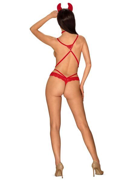 Эротический костюм чертика из стреп Obsessive Evilia teddy red S/M, боди, чокер, накладки на соски, обруч с рожками SO7706 фото
