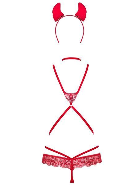 Эротический костюм чертика из стреп Obsessive Evilia teddy red S/M, боди, чокер, накладки на соски, обруч с рожками SO7706 фото