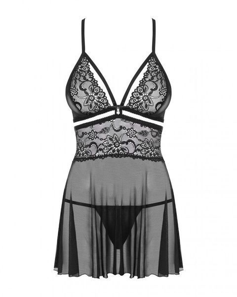 Еротичний мереживний комплект із сіточкою Obsessive 838-BAB-1 babydoll & thong black L/XL, чорний, п SO7182 фото