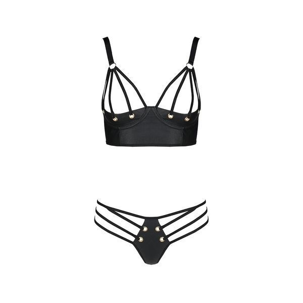 Комплект з екошкіри з люверсами та ремінцями Passion MALWIA BIKINI XXL/XXXL, black, бра та трусики SO5764 фото
