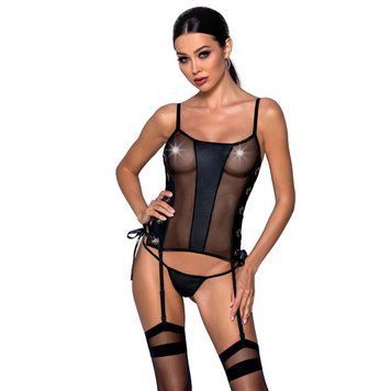 Сетчатый корсет с люверсами и съемными пажами Passion MALWIA CORSET L/XL, black, эко-кожа, стринги SO5765 фото