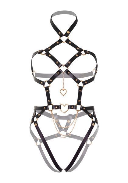 (SALE) Портупея-тедди из экокожи Leg Avenue Heart ring harness teddy S, Black, подвеска-сердечко, цепи SO8563 фото