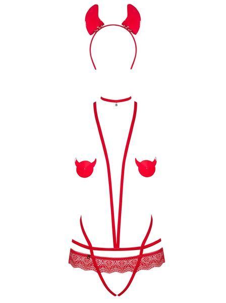 Эротический костюм чертика из стреп Obsessive Evilia teddy red L/XL SO7707 фото