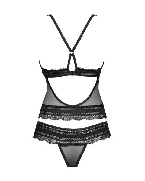 Напівпрозорий набір з прикрасами Obsessive Ivannes top & thong S/M, чорний, топ та танга SO7283 фото