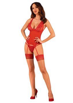 Прозрачный корсет Obsessive Lacelove corset M/L Red, кружево, подвязки для чулок SO8650 фото