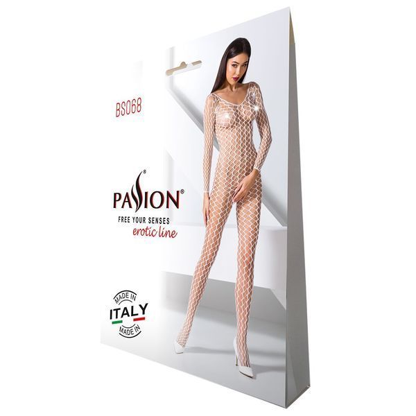 Бодістокінг Passion BS068 white, комбінезон, велика сітка, довгий рукав PBS068W фото
