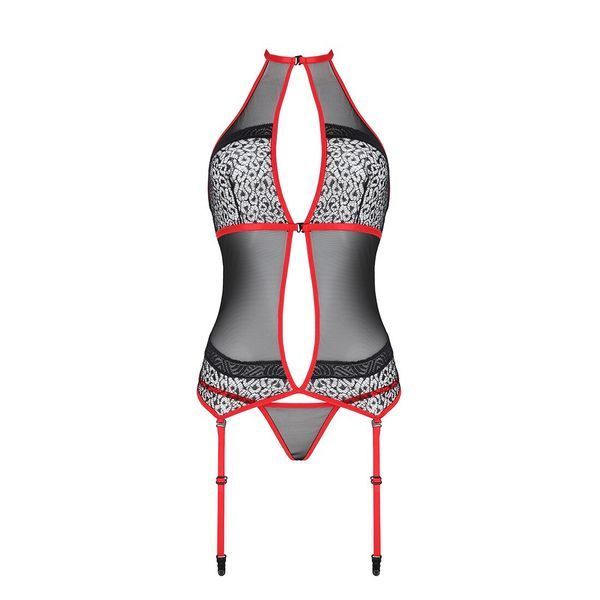 Корсет с пажами Passion SATARA CORSET S/M red, стринги, кружево, застежки спереди и сзади SO8479 фото