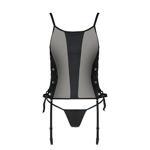 Сітчастий корсет з люверсами та знімними пажами Passion MALWIA CORSET S/M, black, екошкіра, стрінги SO5766 фото