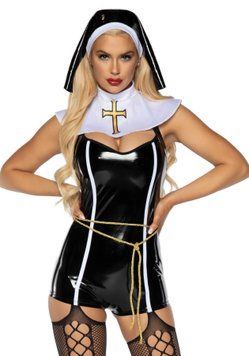 Виниловый костюм монашки Leg Avenue Sinful Sister S, комбинезон, воротник, пояс, головной убор SO7991 фото