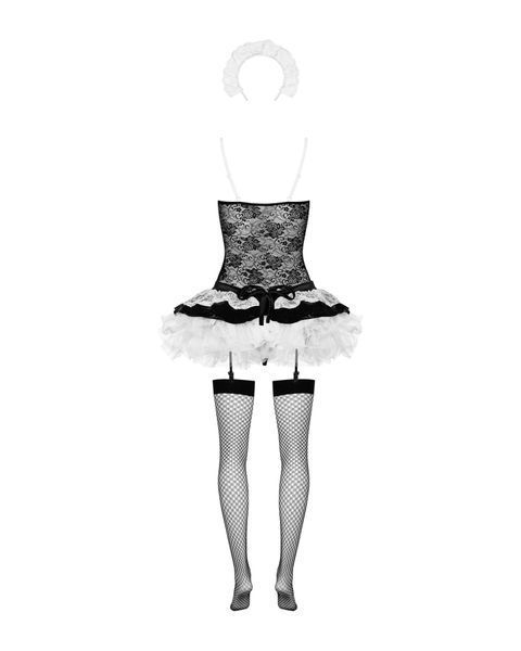 Эротический костюм горничной с юбкой Obsessive Housemaid 5 pcs costume S/M, black, топ, юбка, стринги, повязка на голову, чулки SO7709 фото