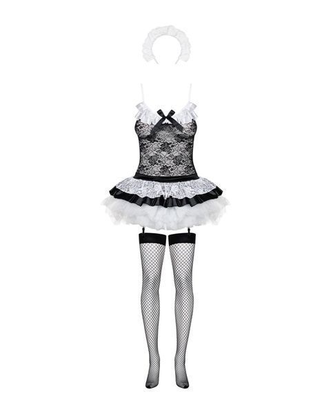Эротический костюм горничной с юбкой Obsessive Housemaid 5 pcs costume S/M, black, топ, юбка, стринги, повязка на голову, чулки SO7709 фото