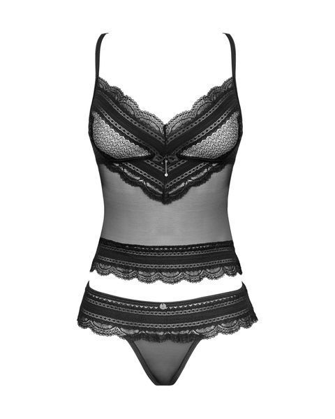 Полупрозрачный набор с украшениями Obsessive Ivannes top & thong 2XL/3XL, черный, топ и танга SO7285 фото