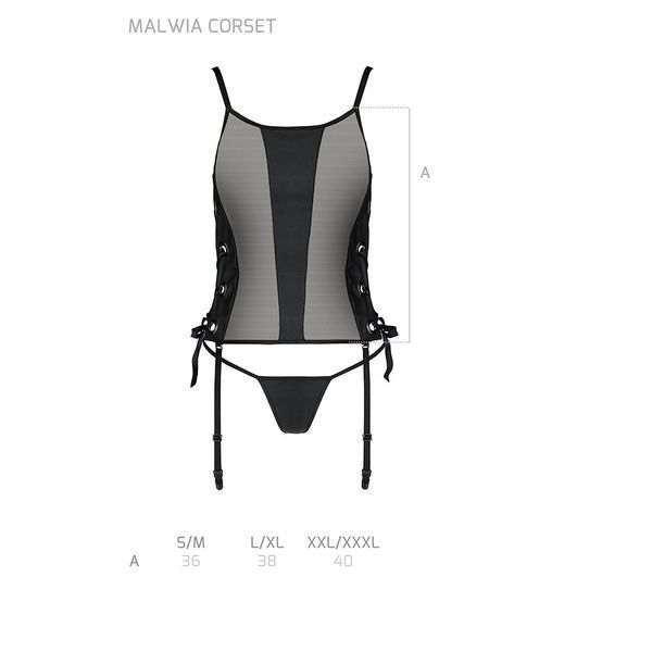 Сетчатый корсет с люверсами и съемными пажами Passion MALWIA CORSET 2XL/3XL black, эко-кожа, стринги SO5767 фото