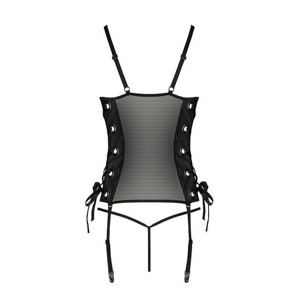 Сетчатый корсет с люверсами и съемными пажами Passion MALWIA CORSET 2XL/3XL black, эко-кожа, стринги SO5767 фото