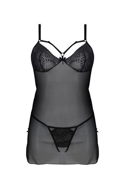 Пеньюар Passion DROSERA CHEMISE black, S/M, мереживний ліф зі стрепами, трусики в комплекті SX0474 фото