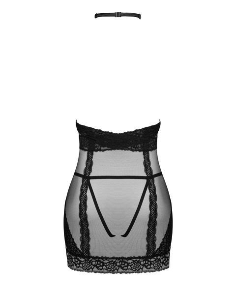 Напівпрозора сорочка з відкритими грудьми Obsessive Lacrisia chemise XS/S, чорна, з чокером SO7286 фото