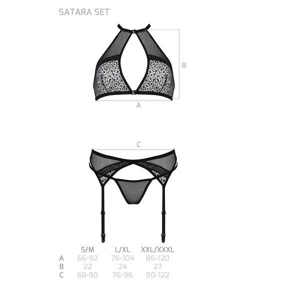 Комплект белья Passion SATARA SET L/XL black, топ, пояс для чулок, стринги SO8481 фото
