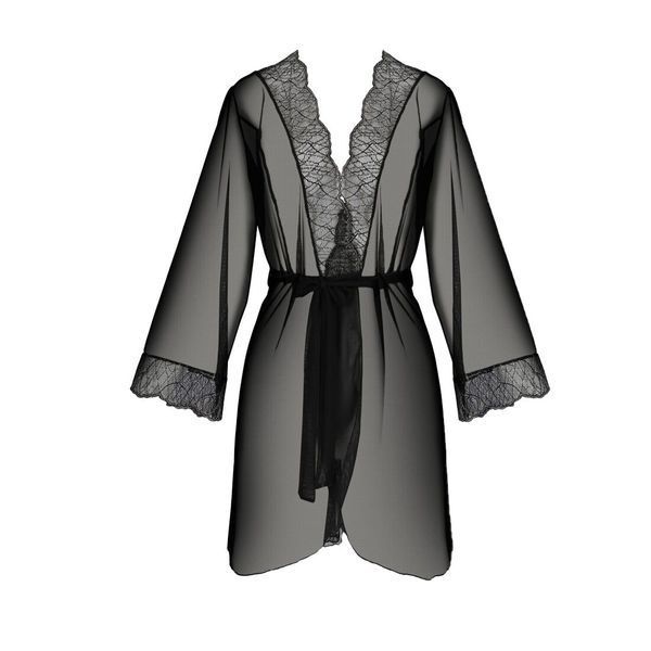 Пеньюар Passion AMBERLY PEIGNOIR 4XL/5XL, black, ажурные декольте и манжеты, широкие рукава SO7053 фото