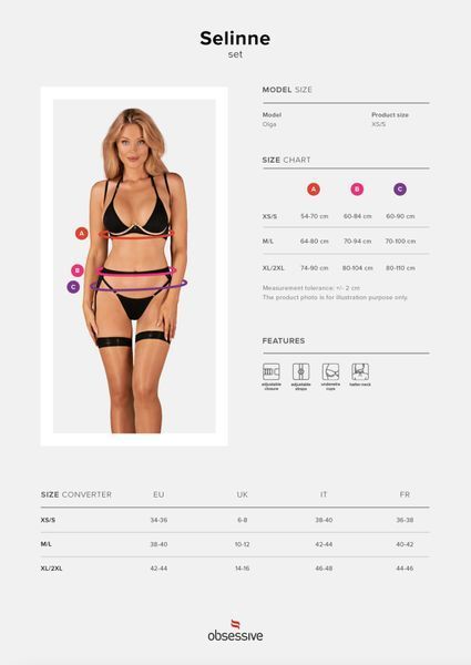 (SALE) Комплект білизни Obsessive Selinne 3-pcs set XS/S Black, бюстгальтер, стрінги пояс для панчіх SO8667 фото