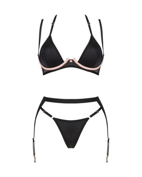 (SALE) Комплект білизни Obsessive Selinne 3-pcs set XS/S Black, бюстгальтер, стрінги пояс для панчіх SO8667 фото