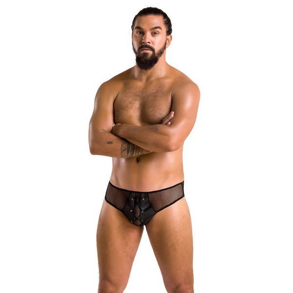 Мужские трусы со шнуровкой Passion 035 SLIP RICHARD L/XL Black, экокожа, сетка SO7576 фото