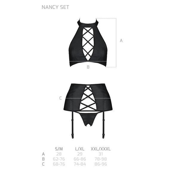 Комплект з еко-шкіри імітація шнурівки Passion NANCY SET XXL/XXXL black топ трусики пояс для панчіх SO5375 фото
