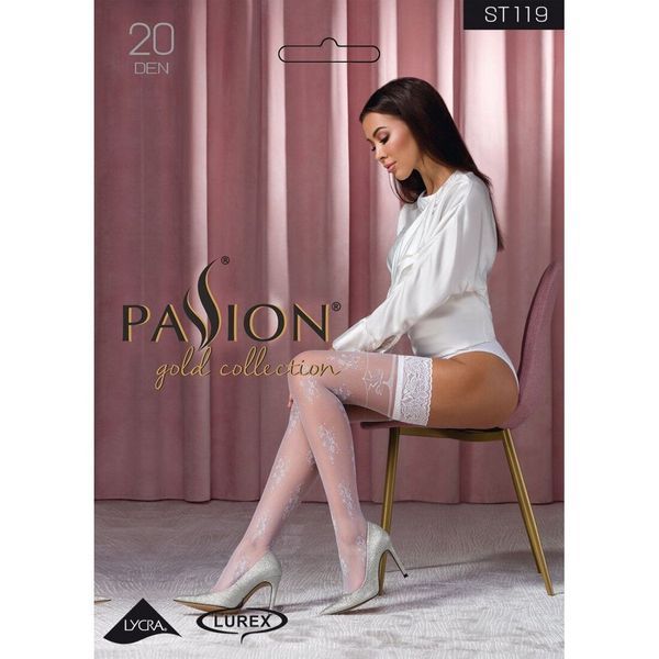 Чулки Passion ST119 3/4 white, ажурная силиконовая резинка с цветочным декором и люрексовой нитью SO5783 фото
