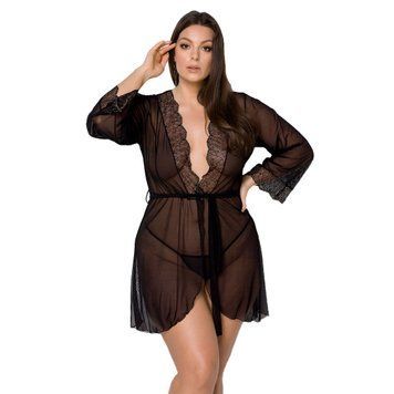 Пеньюар Passion AMBERLY PEIGNOIR 6XL/7XL, black, ажурные декольте и манжеты, широкие рукава SO7054 фото