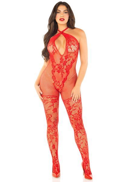 Бодистокинг Leg Avenue Seamless Net and Lace Lingerie Jumpsuit One Size, Red SX1758 фото