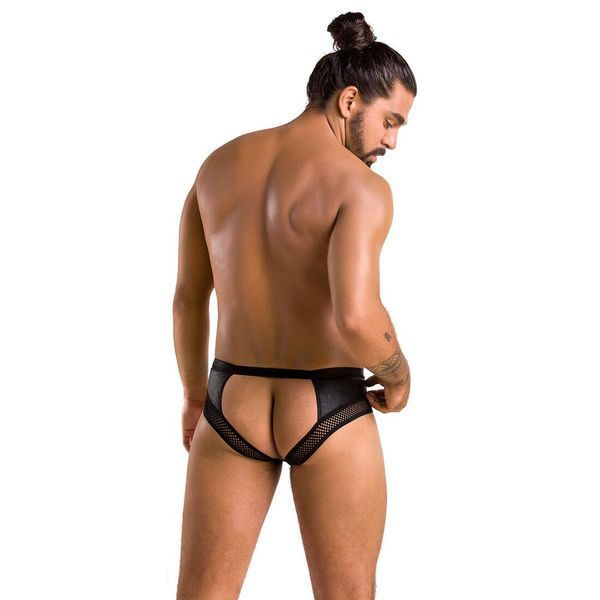 Мужские трусы с цепочкой Passion 030 SLIP TOM S/M Black, экокожа, открытые ягодицы SO7562 фото