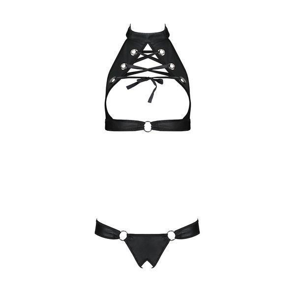 Комплект, открытый топ и трусики из эко-кожи с люверсами Passion MALWIA SET with Open Bra S/M, black SO5769 фото