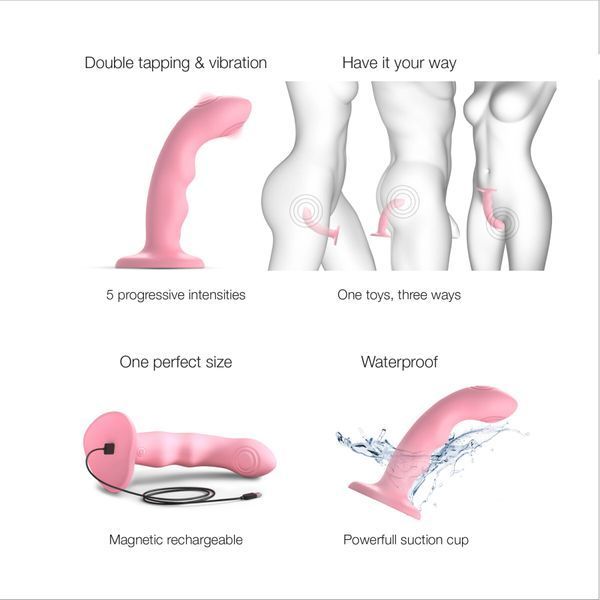 Насадка для страпона с двойной точечной пульсацией Strap-On-Me TAPPING DILDO WAVE &ndash; CORAL PINK, М SO9622 фото