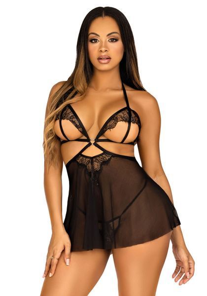 Сорочка беби-долл с открытыми чашками Leg Avenue Lace and mesh babydoll & panty Black M, стринги SO9164 фото
