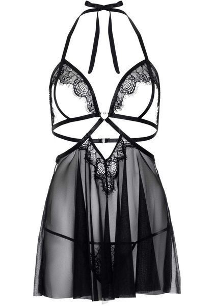 Сорочка беби-долл с открытыми чашками Leg Avenue Lace and mesh babydoll & panty Black M, стринги SO9164 фото