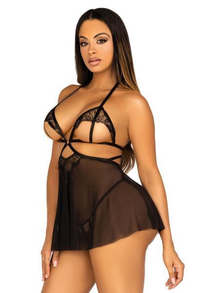 Сорочка беби-долл с открытыми чашками Leg Avenue Lace and mesh babydoll & panty Black M, стринги SO9164 фото