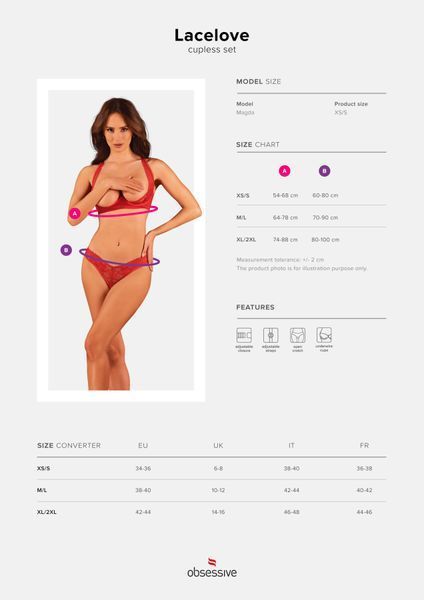 Комплект білизни Obsessive Lacelove cupless 2-pcs set XL/2XL Red, відкритий доступ, відкриті груди SO8654 фото