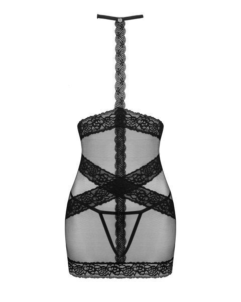 Напівпрозора сорочка з відкритими грудьми Obsessive Lacrisia chemise XL/2XL, чорна, з чокером SO7288 фото