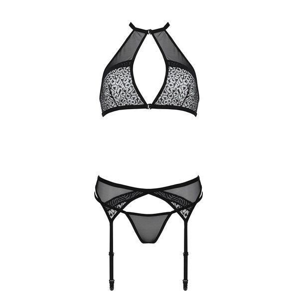 Комплект белья Passion SATARA SET XXL/XXXL black, топ, пояс для чулок, стринги SO8483 фото