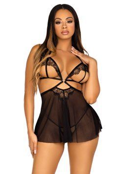 Сорочка бебі-дол з відкритими чашками Leg Avenue Lace and mesh babydoll & panty Black L, стринги SO9165 фото