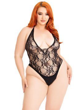 Тедді Leg Avenue Floral lace deep-V teddy, 1X/2X, чорне, мереживне, відкрита спина, високі трусики SX1084 фото