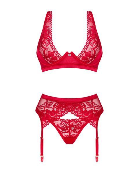 Комплект белья Obsessive Lacelove cupless 3pcs set XS/S Red, бюстгальтер, стринги, пояс для чулок SO8655 фото