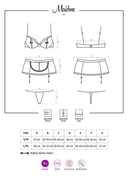 Эротический костюм горничной Obsessive Maidme set 5pcs S/M, бюстгальтер, пояс с фартуком, чулки SO7290 фото