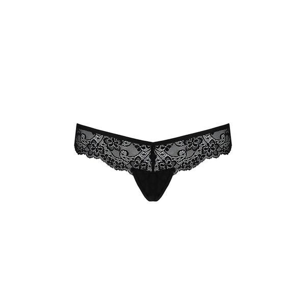 Кружевные трусики-танга с атласным бантиком Passion NAJA THONG L/XL, black SO5364 фото