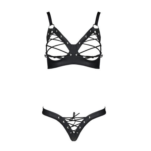 Комплект из экокожи Passion CELINE BIKINI 4XL/5XL black, открытый бра, стринги со шнуровкой SO7057 фото
