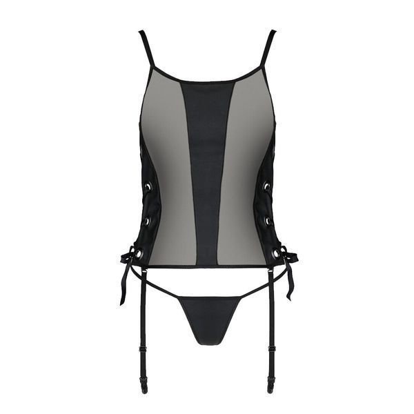 Сітчастий корсет з екошкіри Passion MALWIA CORSET 4XL/5XL black, з люверсами та знімними пажами SO7098 фото