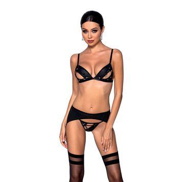 Комплект из эко-кожи Passion MILEY SET XXL/XXXL, black, трусики, бюстгальтер, пояс для чулок SO5773 фото