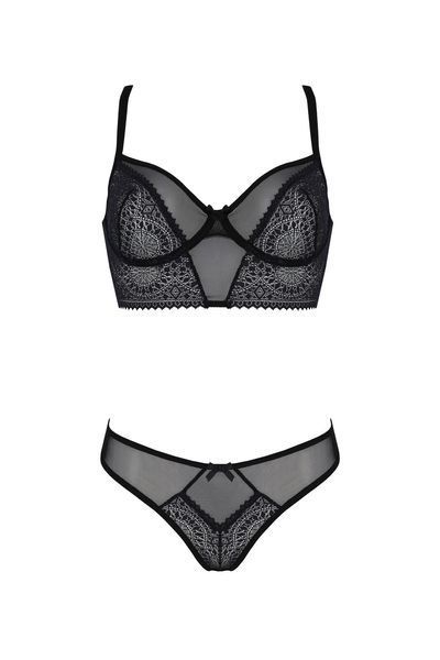 Комплект Passion DROSERA SET black, L/XL, сетка+кружево, бюстье и трусики танга SX0479 фото