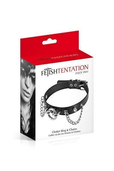 Ошейник цепочками, шипами и кольцом Fetish Tentation Choker Rings and Chains, экокожа SO2237 фото