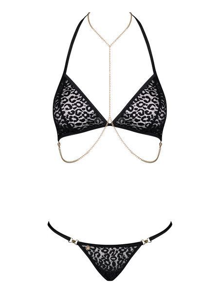 Комплект із ланцюжками Obsessive Pantheria 2-pcs set black L/XL, бюстгальтер, трусики SO7876 фото
